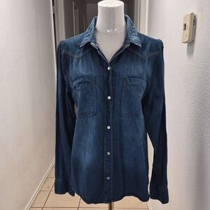 Dark Blue Denim Snap Button-Up Shirt - Women's Long Sleeve